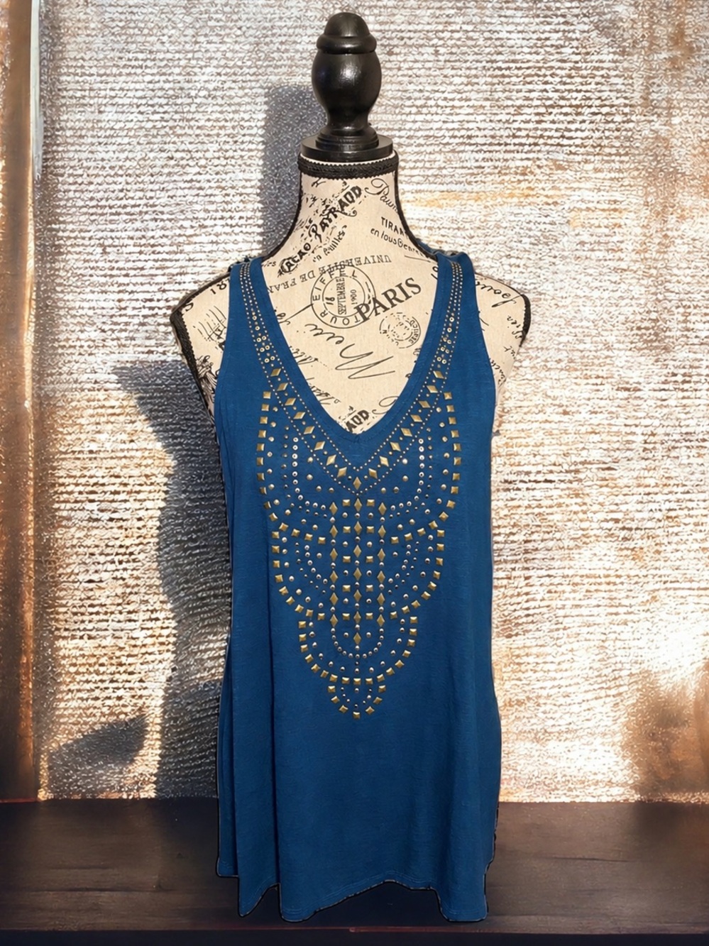 EUC Knox Rose Studded Sleeveless Peacock Blue & Gold Tank Top Women’s SZ Medium - Picture 2 of 12